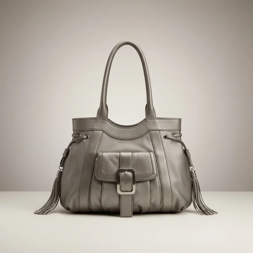 Cole Haan Metallic Taupe Leather Tassel Tote | Soft Pebbled Leather Shoulder Bag